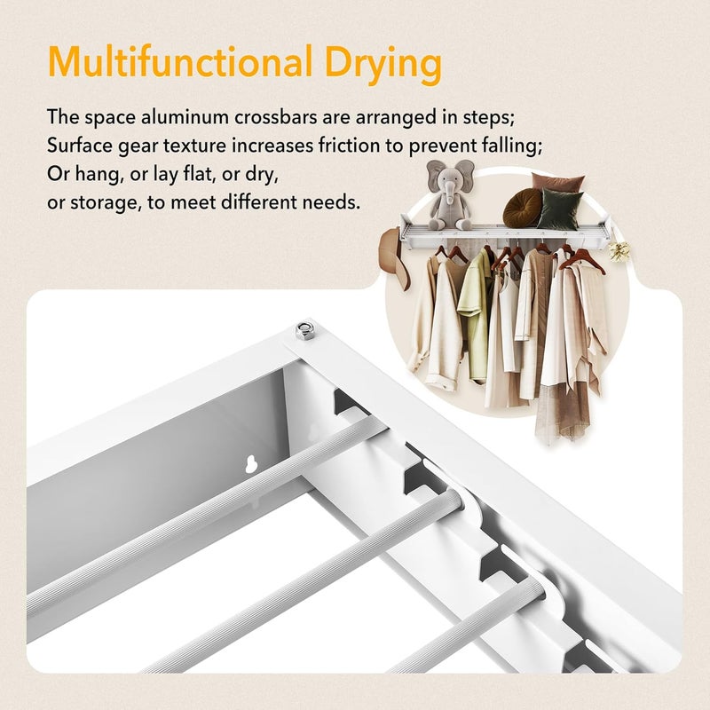 LIENAHU Upgrade Drying Rack Clothing,Clothes Drying Rack Wall Mounted,Laundry Drying Rack Wall Mount,Foldable,Collapsible,Retractable,6 Aluminium Poles,with Hooks,(White 35.5" - Image 3